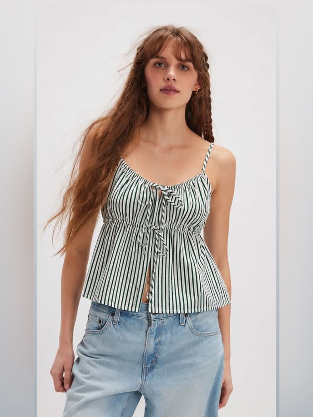 American Eagle Striped Tie-Front Spaghetti Strap Top - Green/White - Picture 1 of 4